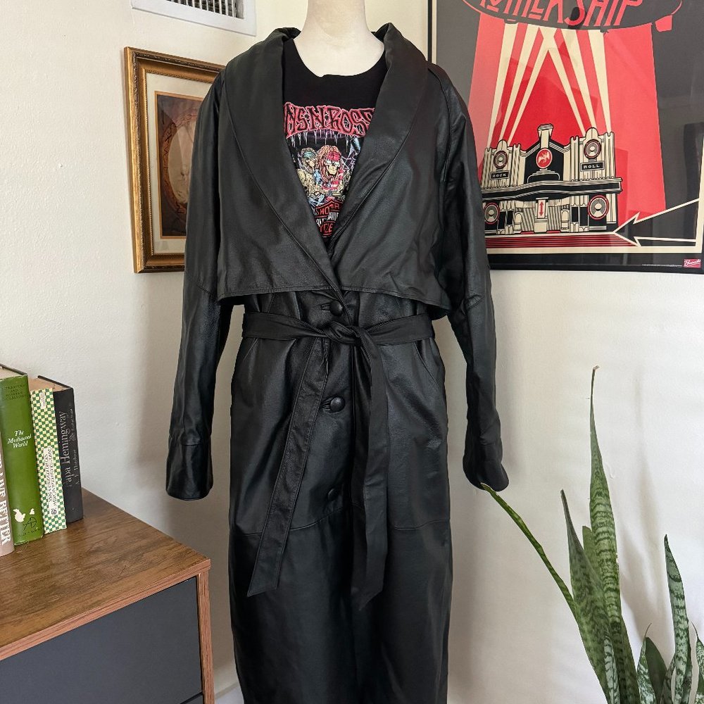 Liz Baker Essentials Black Leather Coat Full Trench Coat
